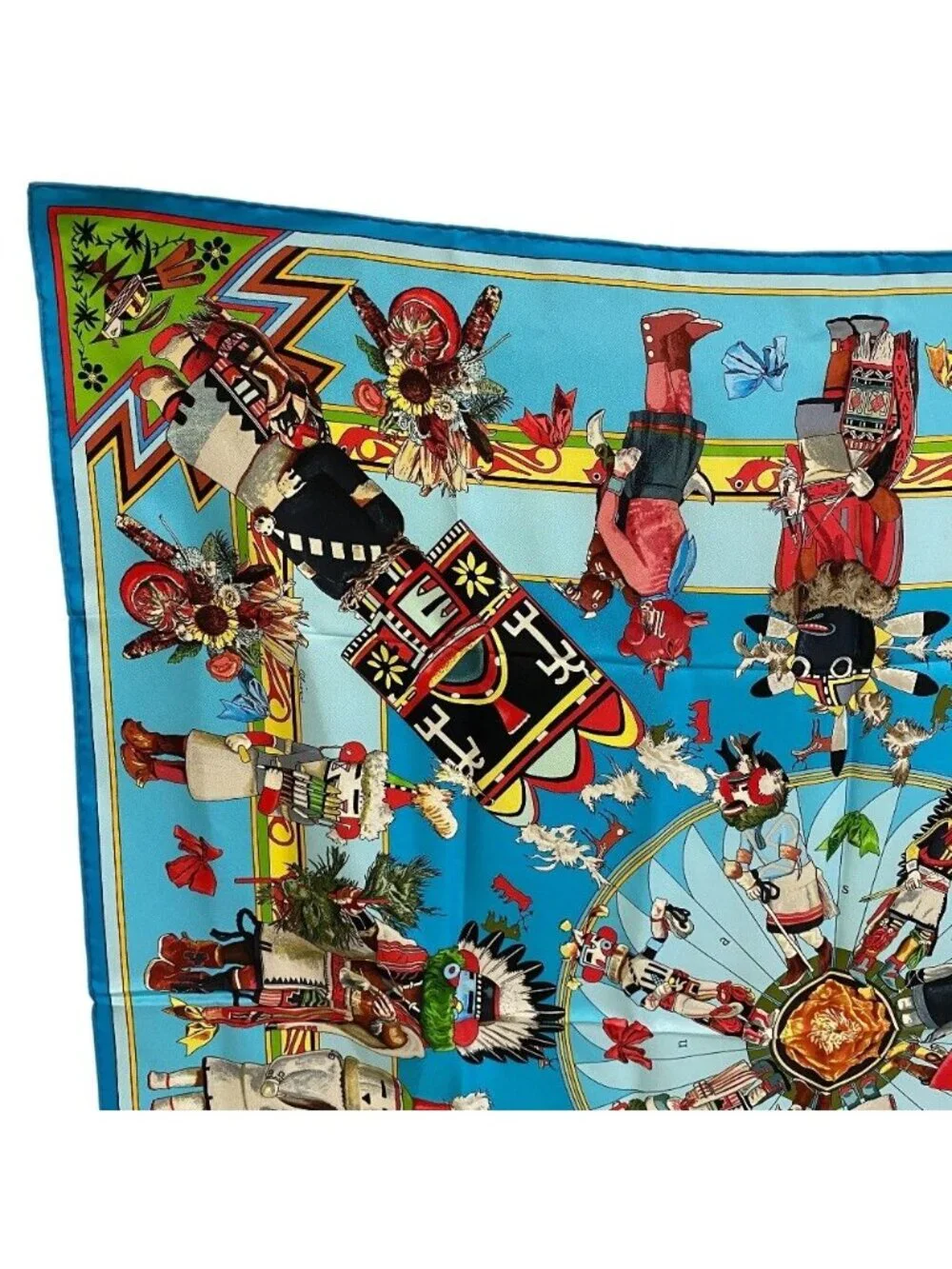 Hermes Kachinas Carre 90 Silk Scarf Blue